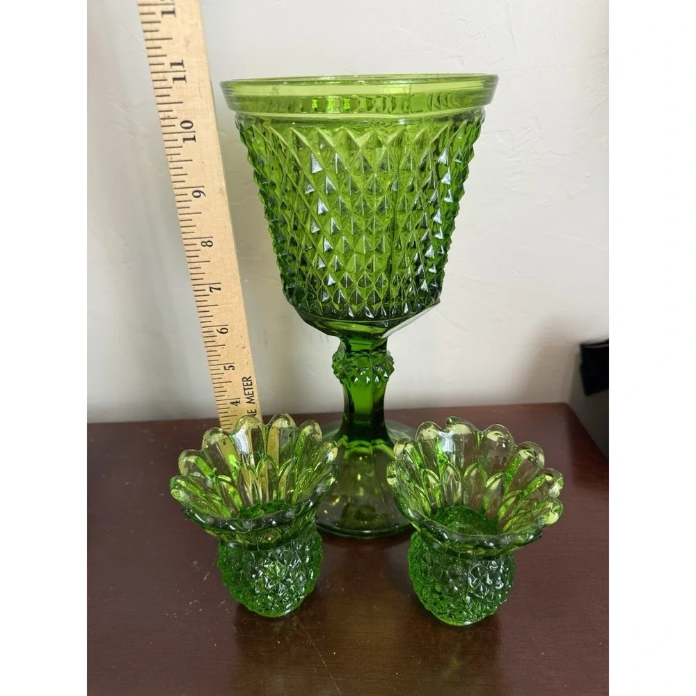 Lot Of 3 VTG Diamond‎ Point Green Pedestal Compote Vase w/ 2 Candleholders
